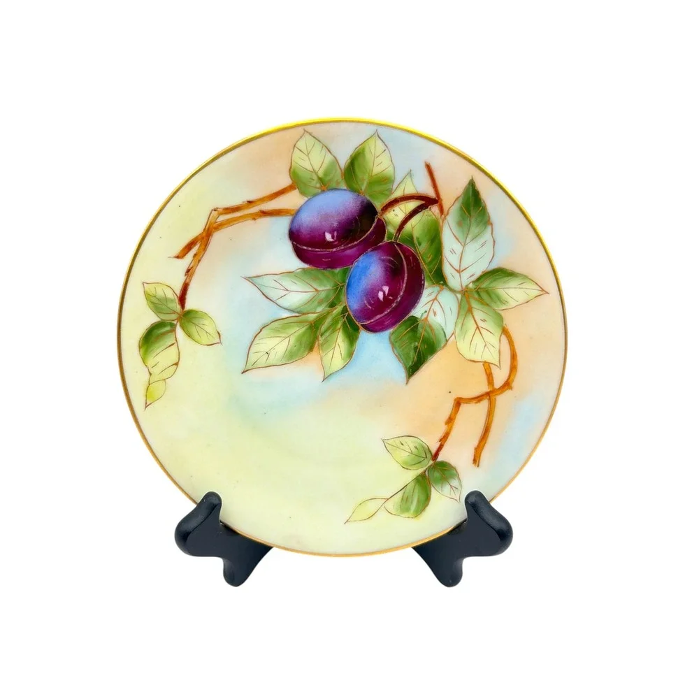 Vintage Hand Painted Plum Fruit Gold Trim Decorative Bread Plate 7